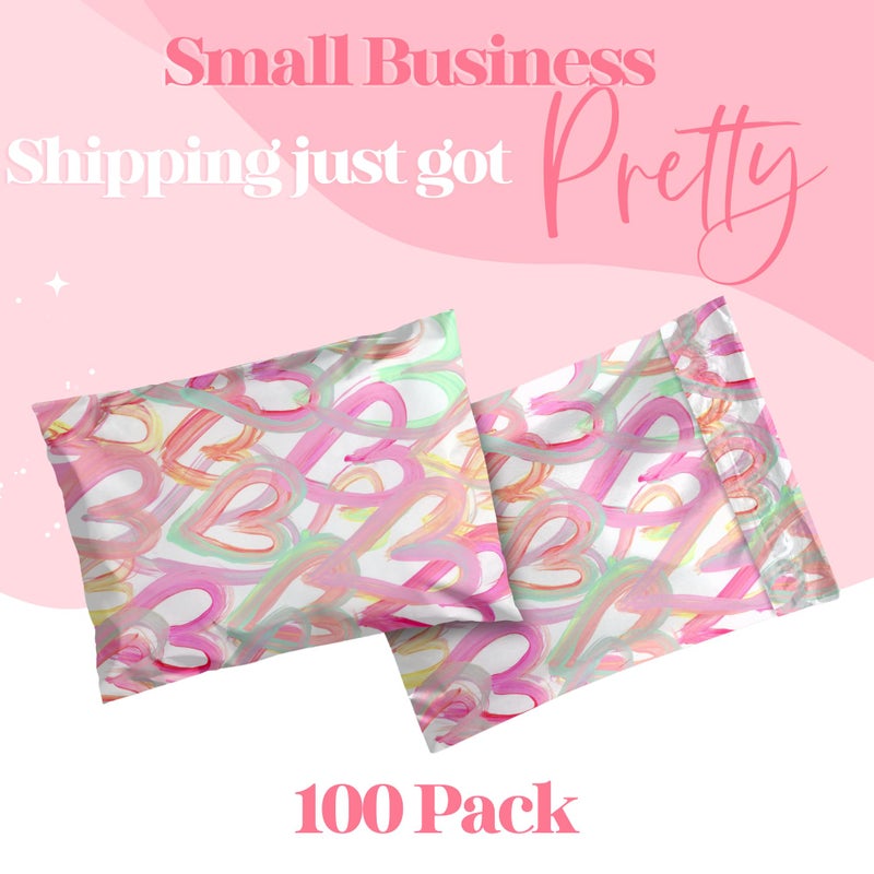 Pretty Package Store 6x9 Designer Poly Mailer 100 Pack Heavy Duty Waterproof Self Seal Shipping Bags for Small Business Large Mailing Envelopes Bulk Tear Resistant Cute Packaging Happy Hearts - Image 2